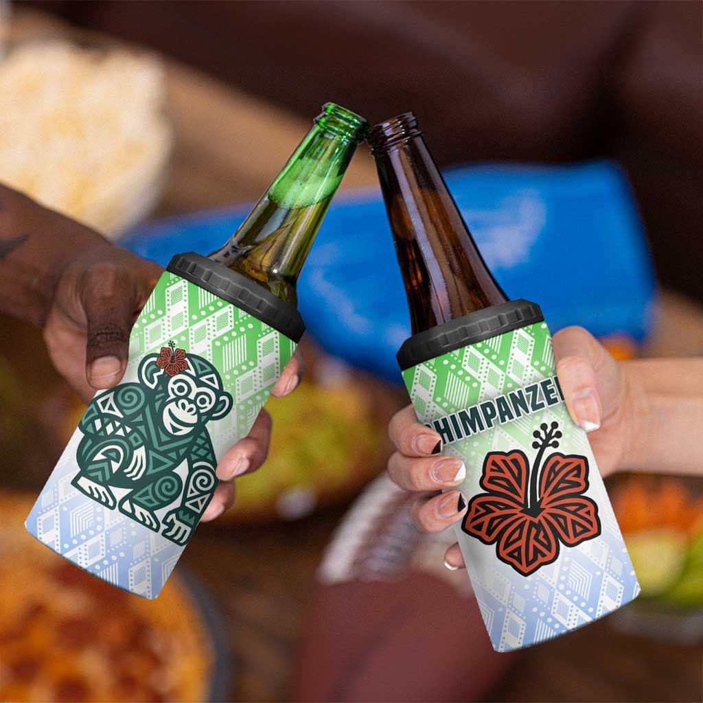 Sierra Leone 4 in 1 Can Cooler Tumbler with Tribal Chimpanzee Design and Green Blue Gradient Pattern