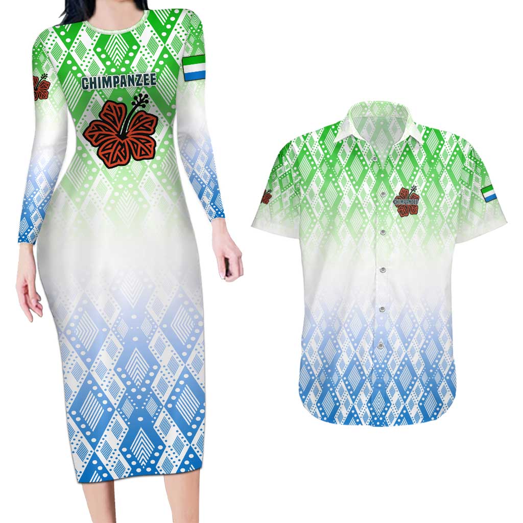 Sierra Leone Couples Matching Long Sleeve Bodycon Dress and Hawaiian Shirt with Tribal Chimpanzee Design and Green Blue Gradient Pattern