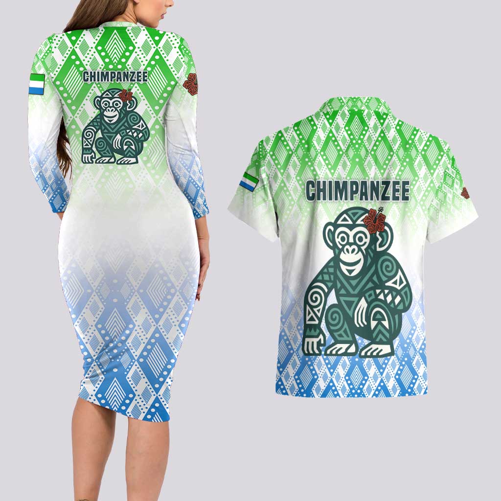 Sierra Leone Couples Matching Long Sleeve Bodycon Dress and Hawaiian Shirt with Tribal Chimpanzee Design and Green Blue Gradient Pattern