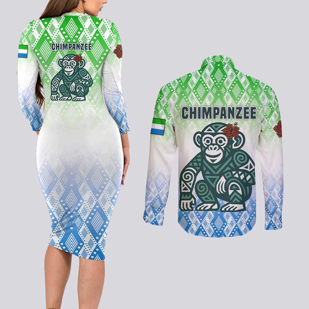 Sierra Leone Couples Matching Long Sleeve Bodycon Dress and Long Sleeve Button Shirt with Tribal Chimpanzee Design and Green Blue Gradient Pattern