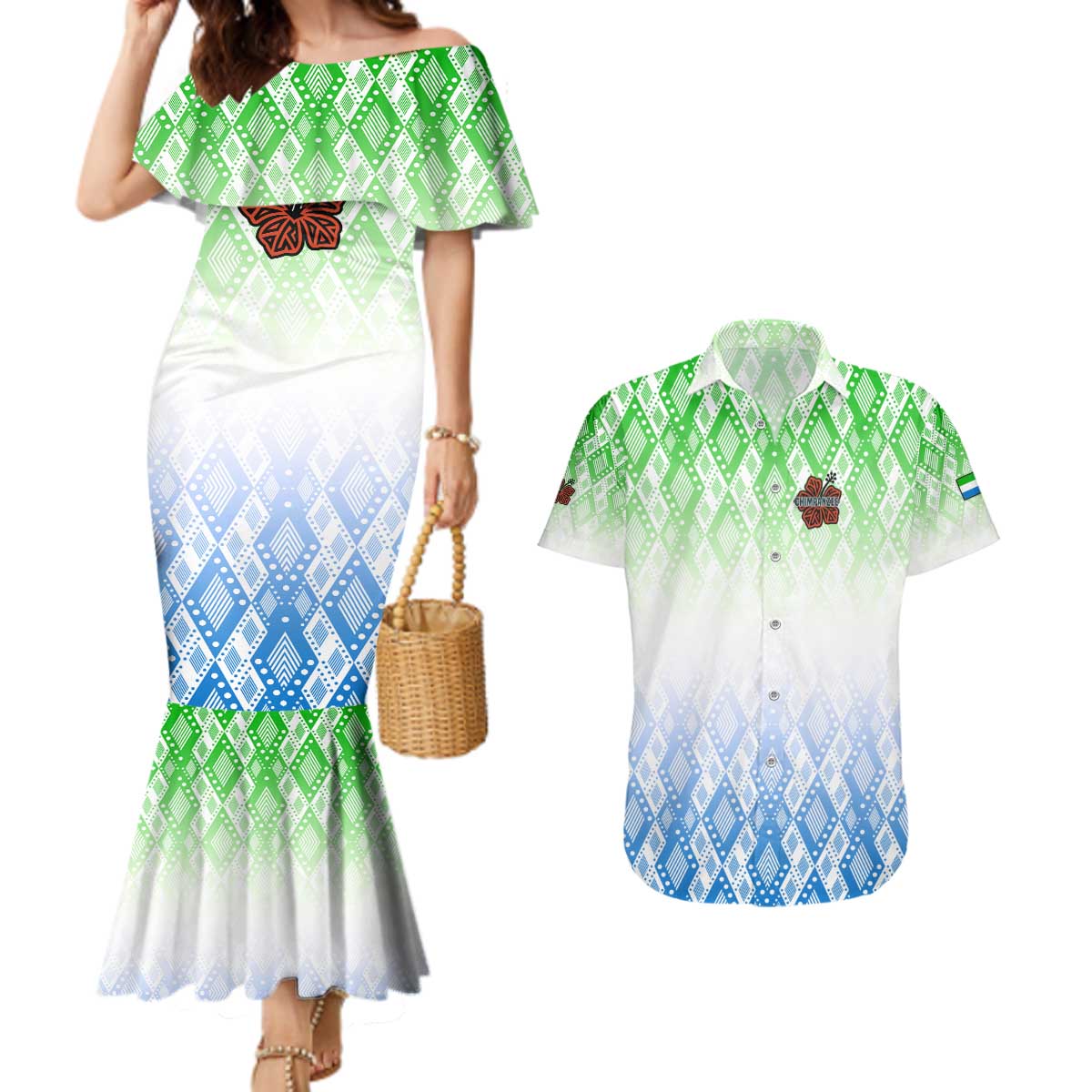 Sierra Leone Couples Matching Mermaid Dress and Hawaiian Shirt with Tribal Chimpanzee Design and Green Blue Gradient Pattern