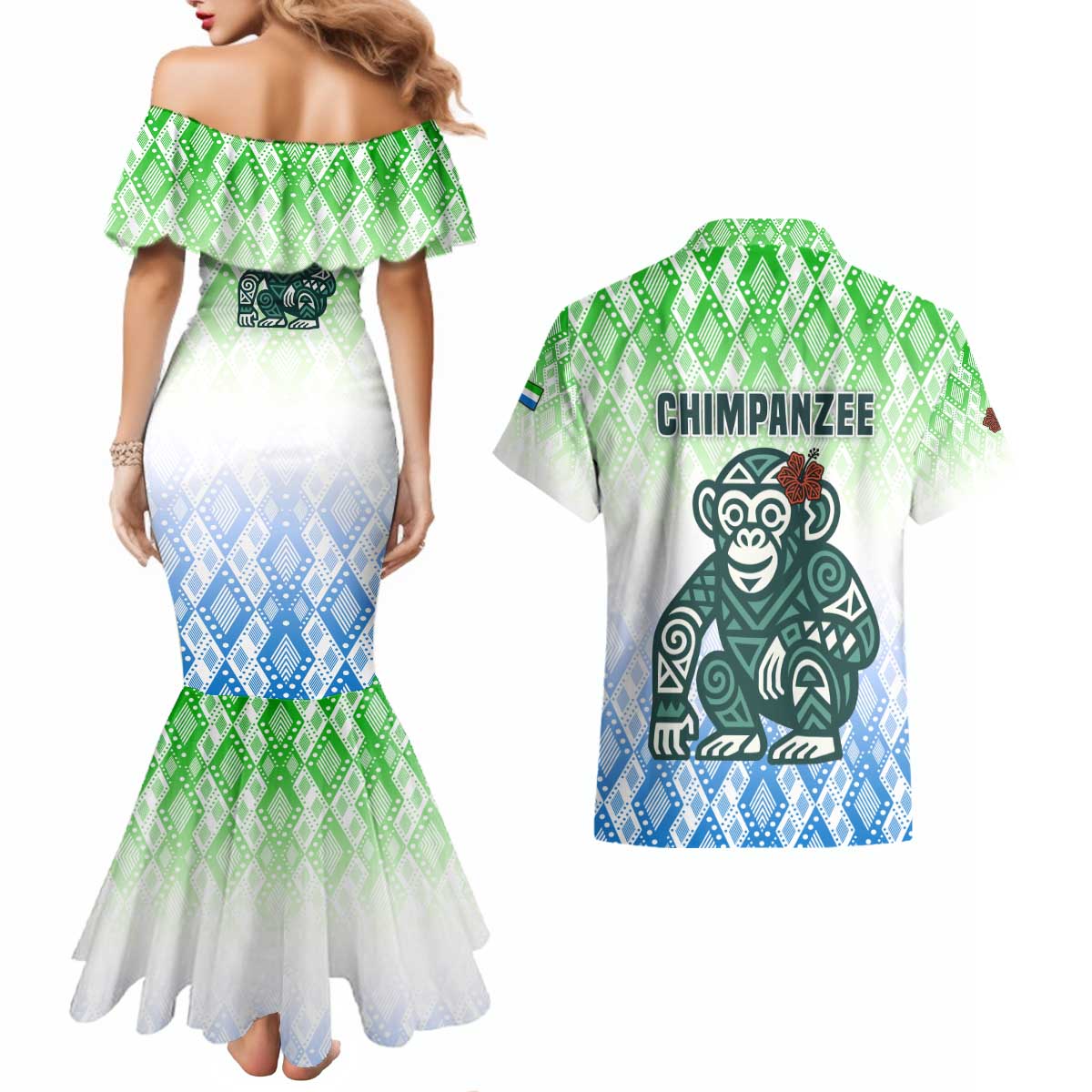 Sierra Leone Couples Matching Mermaid Dress and Hawaiian Shirt with Tribal Chimpanzee Design and Green Blue Gradient Pattern
