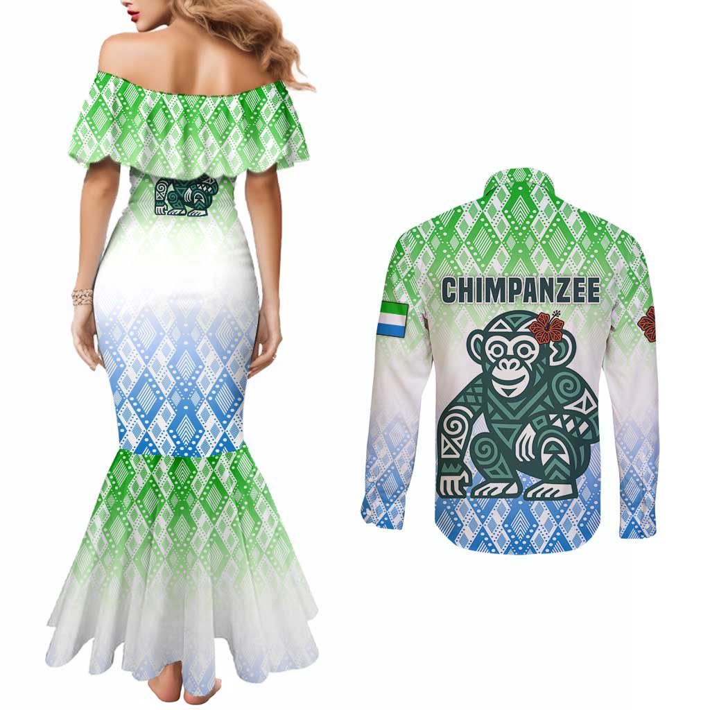 Sierra Leone Couples Matching Mermaid Dress and Long Sleeve Button Shirt with Tribal Chimpanzee Design and Green Blue Gradient Pattern