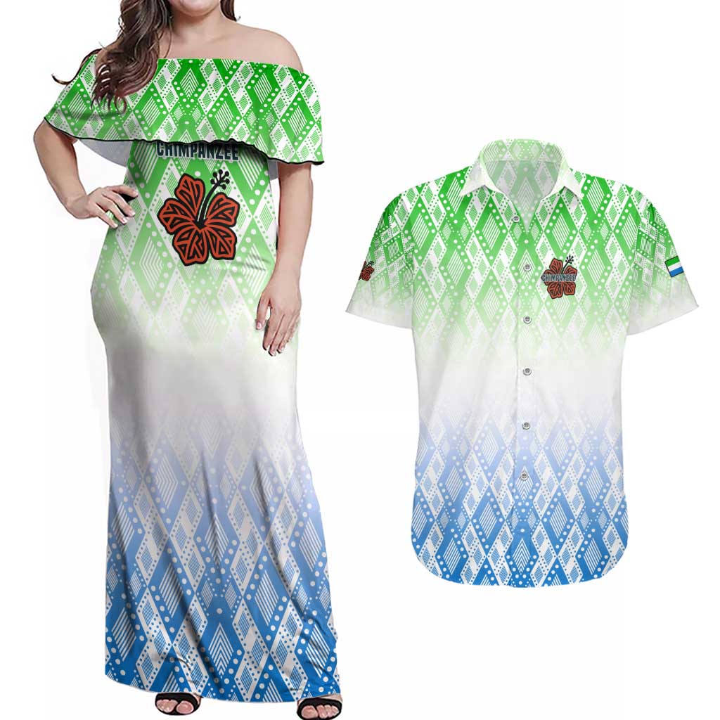 Sierra Leone Couples Matching Off Shoulder Maxi Dress and Hawaiian Shirt with Tribal Chimpanzee Design and Green Blue Gradient Pattern