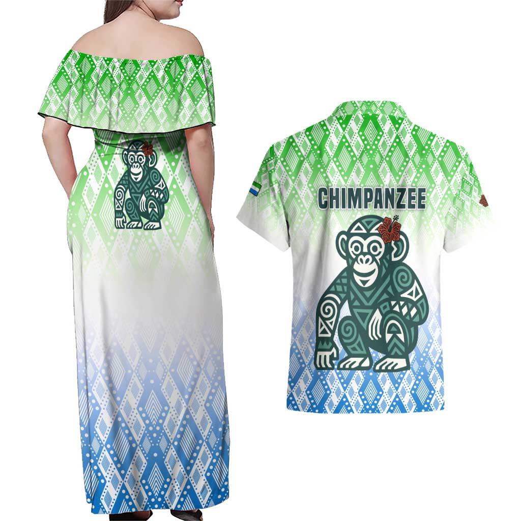 Sierra Leone Couples Matching Off Shoulder Maxi Dress and Hawaiian Shirt with Tribal Chimpanzee Design and Green Blue Gradient Pattern