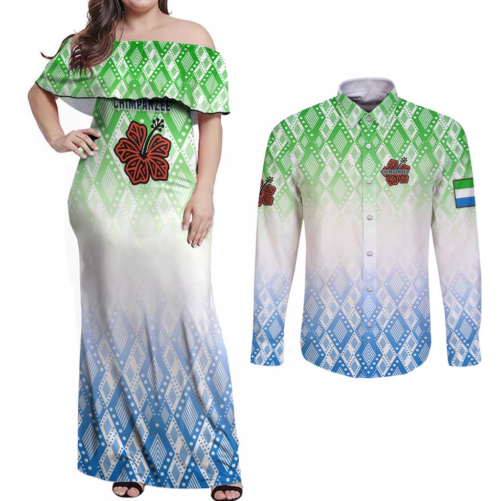 Sierra Leone Couples Matching Off Shoulder Maxi Dress and Long Sleeve Button Shirt with Tribal Chimpanzee Design and Green Blue Gradient Pattern