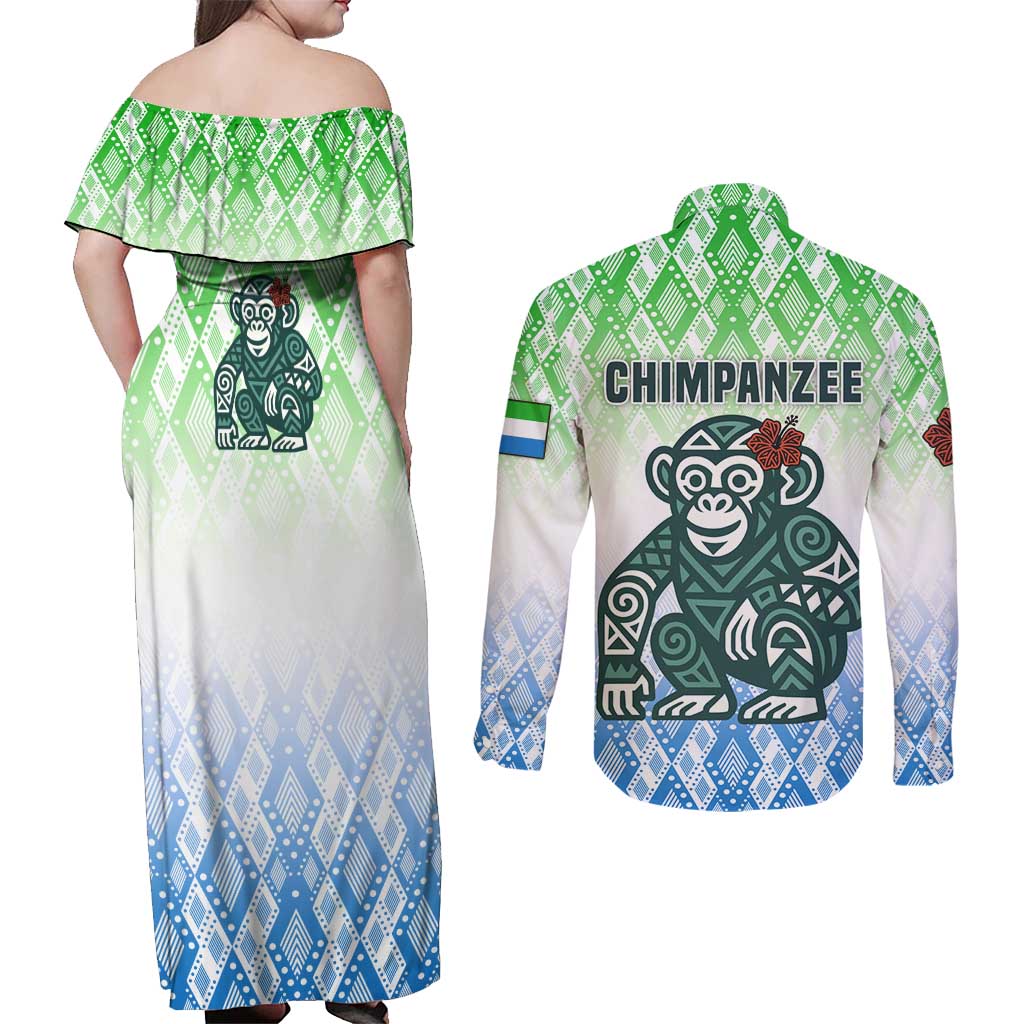 Sierra Leone Couples Matching Off Shoulder Maxi Dress and Long Sleeve Button Shirt with Tribal Chimpanzee Design and Green Blue Gradient Pattern