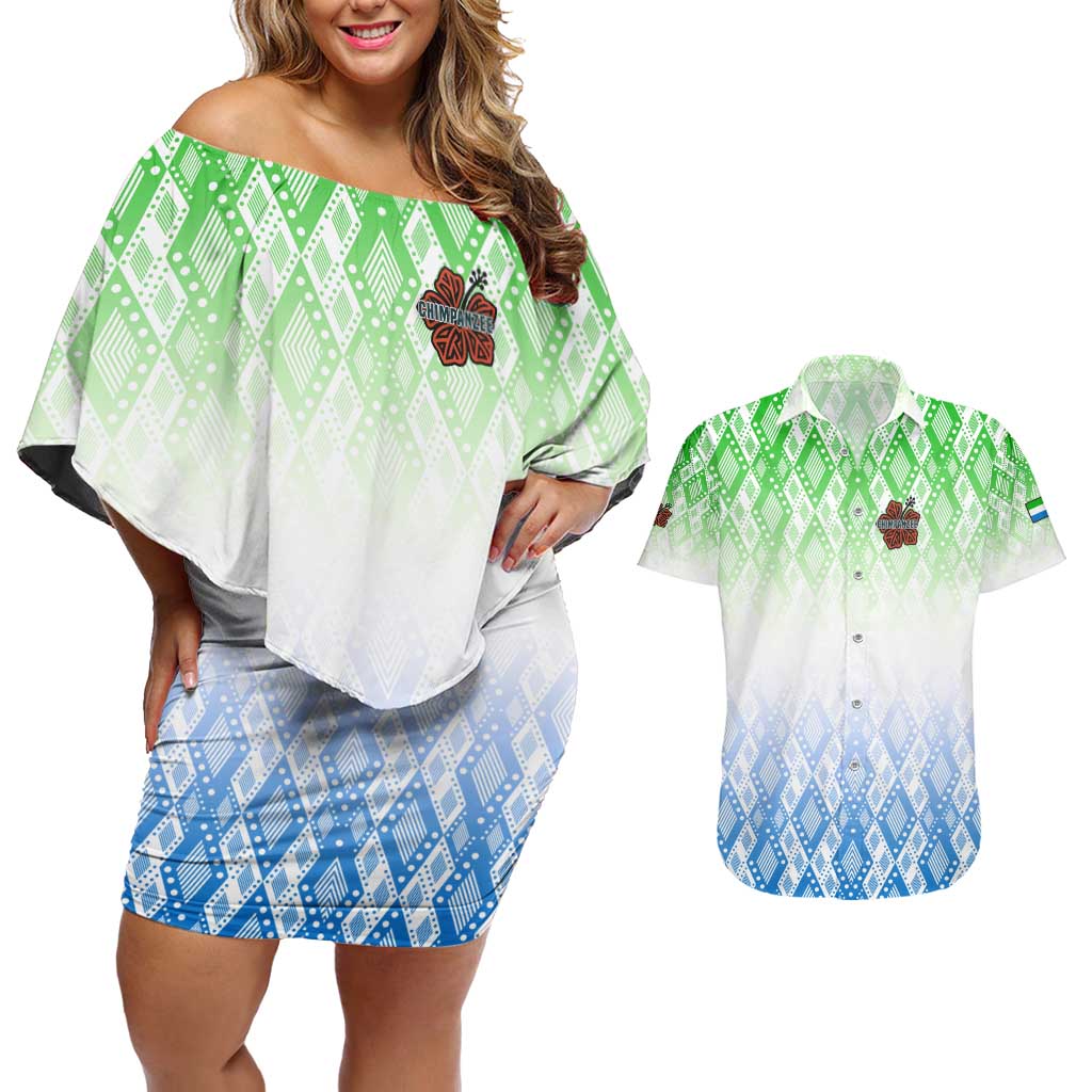 Sierra Leone Couples Matching Off Shoulder Short Dress and Hawaiian Shirt with Tribal Chimpanzee Design and Green Blue Gradient Pattern