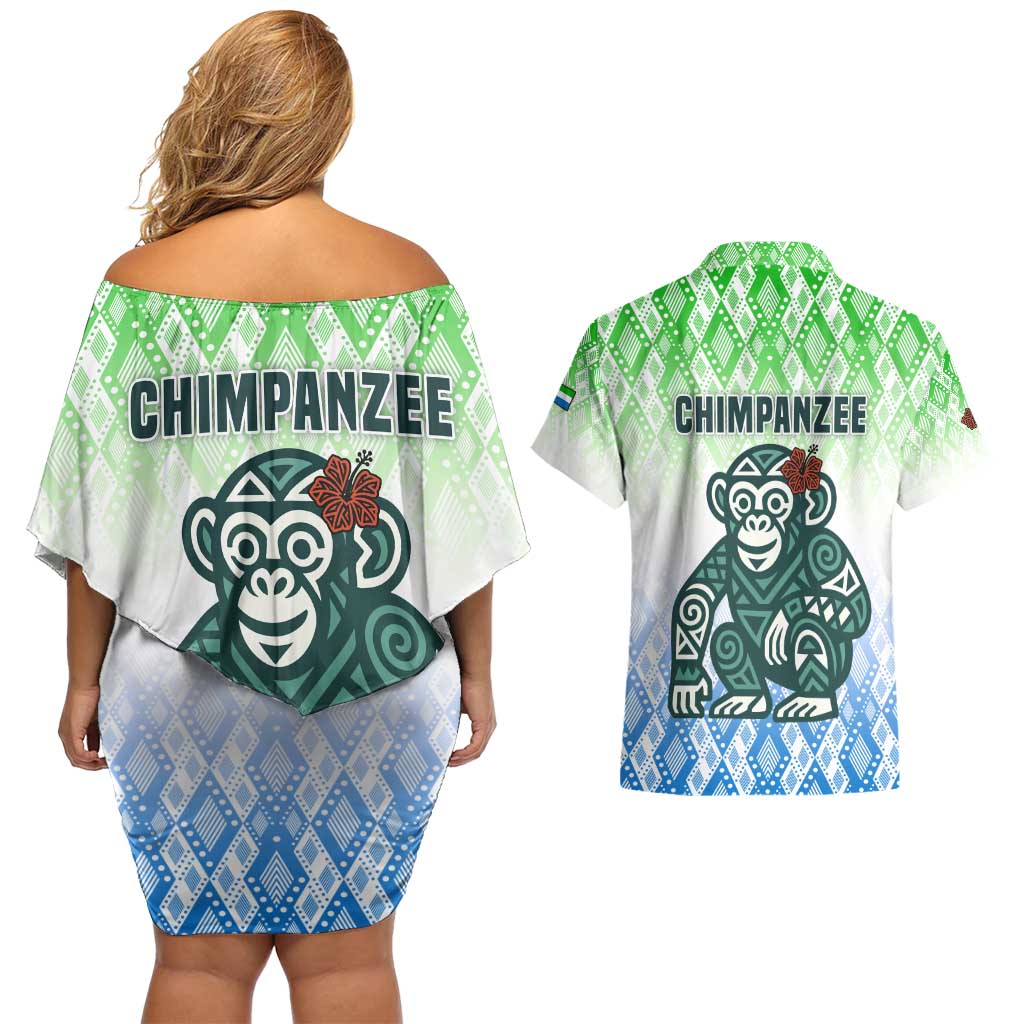 Sierra Leone Couples Matching Off Shoulder Short Dress and Hawaiian Shirt with Tribal Chimpanzee Design and Green Blue Gradient Pattern