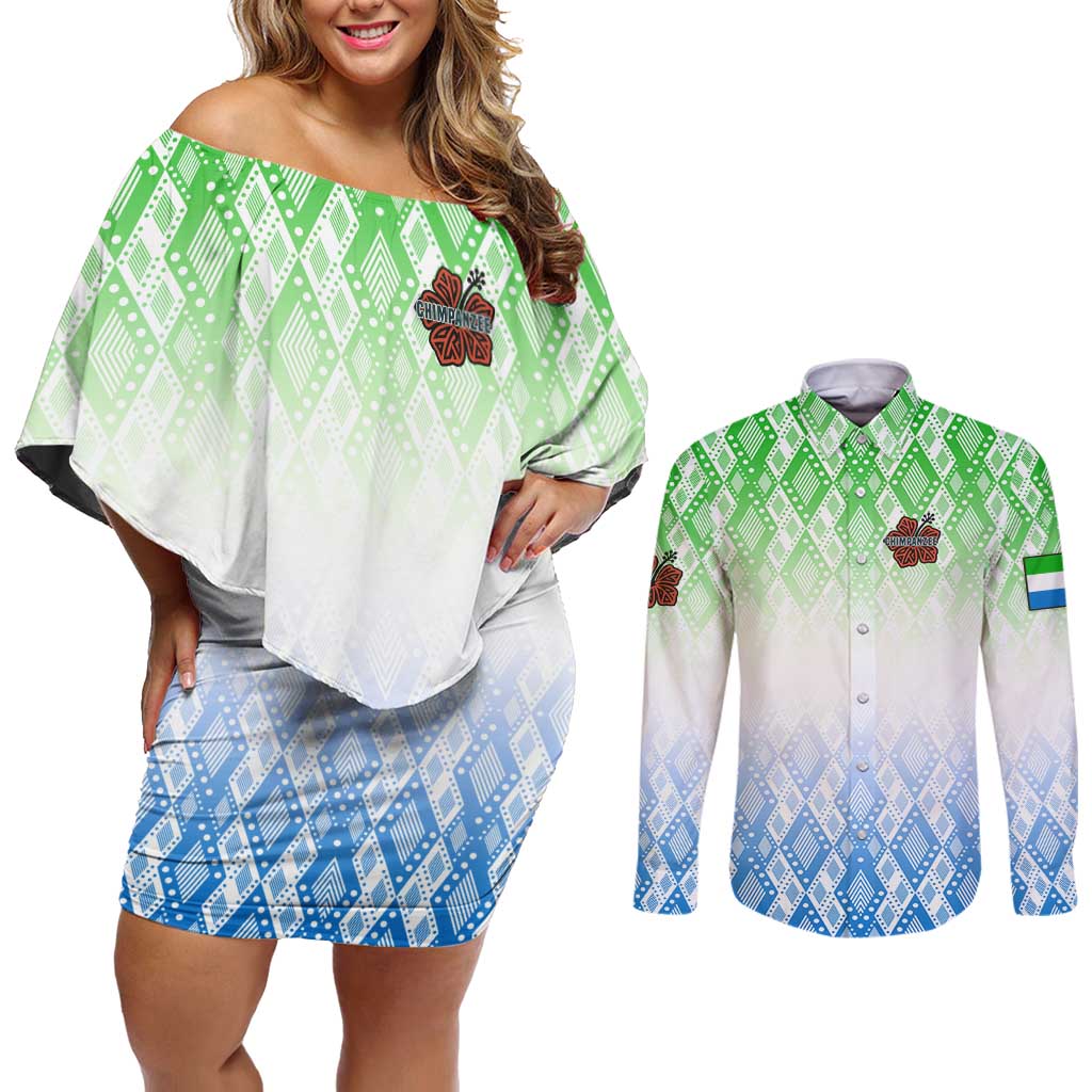 Sierra Leone Couples Matching Off Shoulder Short Dress and Long Sleeve Button Shirt with Tribal Chimpanzee Design and Green Blue Gradient Pattern