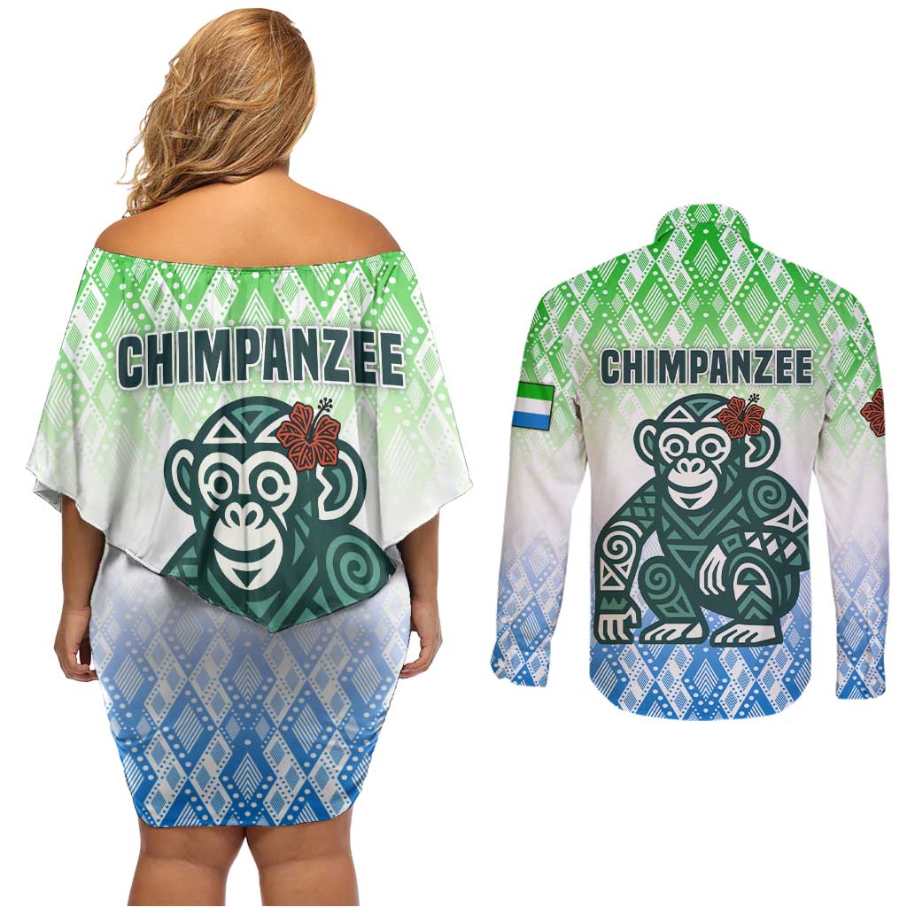 Sierra Leone Couples Matching Off Shoulder Short Dress and Long Sleeve Button Shirt with Tribal Chimpanzee Design and Green Blue Gradient Pattern