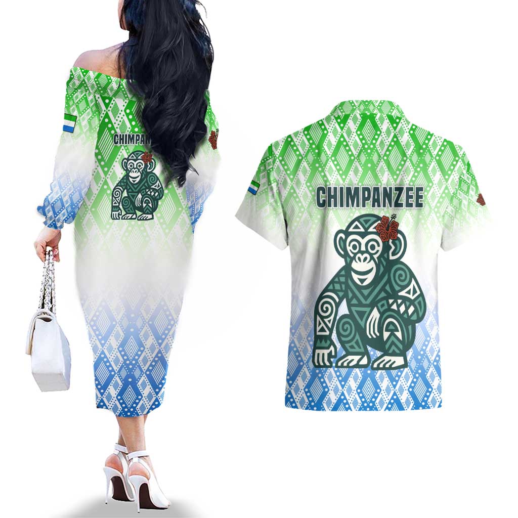 Sierra Leone Couples Matching Off The Shoulder Long Sleeve Dress and Hawaiian Shirt with Tribal Chimpanzee Design and Green Blue Gradient Pattern