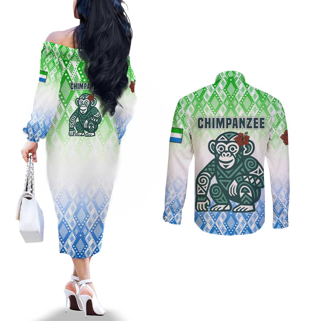 Sierra Leone Couples Matching Off The Shoulder Long Sleeve Dress and Long Sleeve Button Shirt with Tribal Chimpanzee Design and Green Blue Gradient Pattern