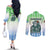 Sierra Leone Couples Matching Off The Shoulder Long Sleeve Dress and Long Sleeve Button Shirt with Tribal Chimpanzee Design and Green Blue Gradient Pattern