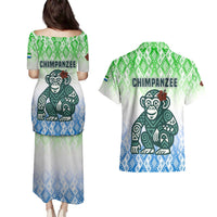 Sierra Leone Couples Matching Puletasi and Hawaiian Shirt with Tribal Chimpanzee Design and Green Blue Gradient Pattern
