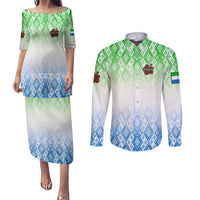 Sierra Leone Couples Matching Puletasi and Long Sleeve Button Shirt with Tribal Chimpanzee Design and Green Blue Gradient Pattern