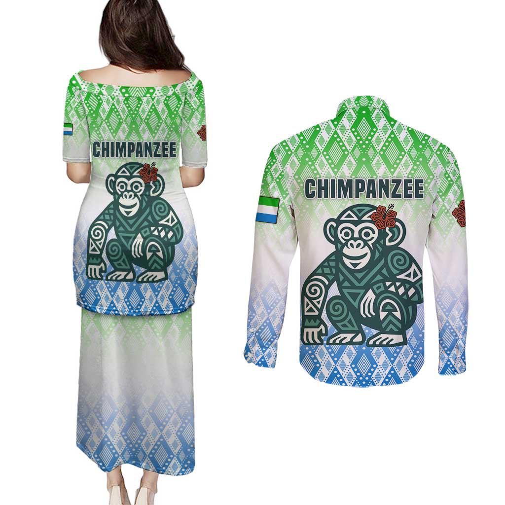 Sierra Leone Couples Matching Puletasi and Long Sleeve Button Shirt with Tribal Chimpanzee Design and Green Blue Gradient Pattern