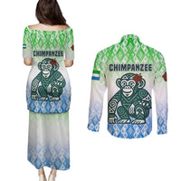 Sierra Leone Couples Matching Puletasi and Long Sleeve Button Shirt with Tribal Chimpanzee Design and Green Blue Gradient Pattern