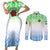 Sierra Leone Couples Matching Short Sleeve Bodycon Dress and Long Sleeve Button Shirt with Tribal Chimpanzee Design and Green Blue Gradient Pattern