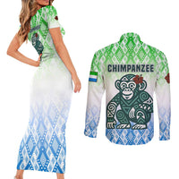 Sierra Leone Couples Matching Short Sleeve Bodycon Dress and Long Sleeve Button Shirt with Tribal Chimpanzee Design and Green Blue Gradient Pattern