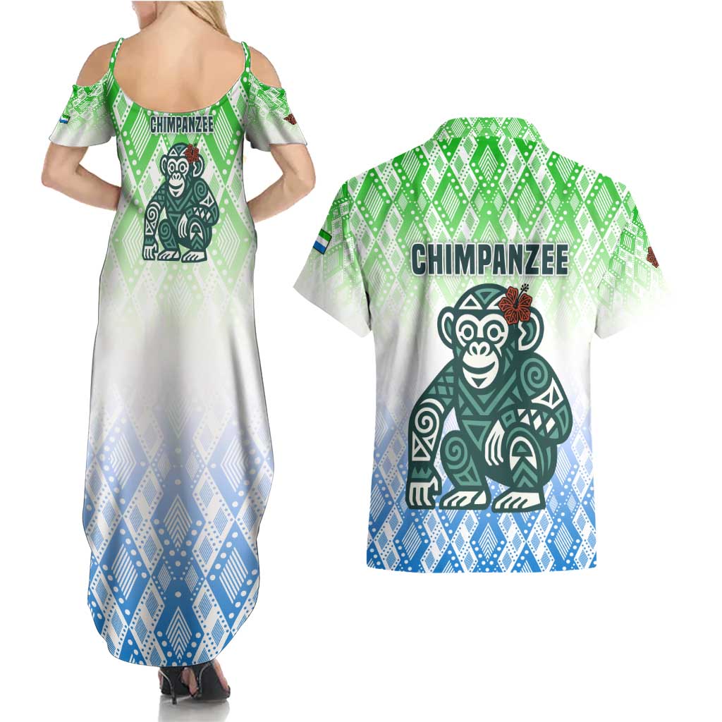 Sierra Leone Couples Matching Summer Maxi Dress and Hawaiian Shirt with Tribal Chimpanzee Design and Green Blue Gradient Pattern