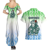 Sierra Leone Couples Matching Summer Maxi Dress and Hawaiian Shirt with Tribal Chimpanzee Design and Green Blue Gradient Pattern