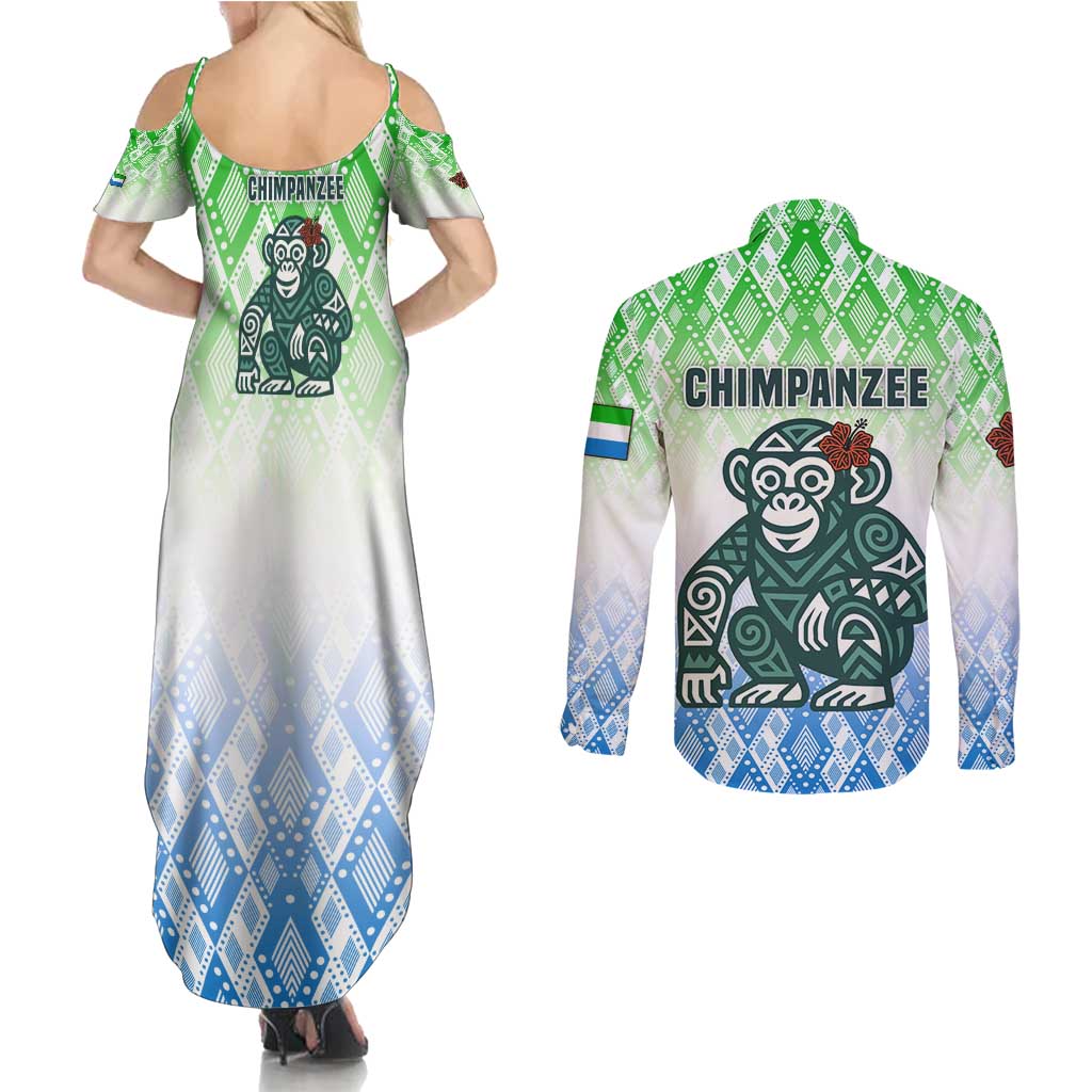 Sierra Leone Couples Matching Summer Maxi Dress and Long Sleeve Button Shirt with Tribal Chimpanzee Design and Green Blue Gradient Pattern