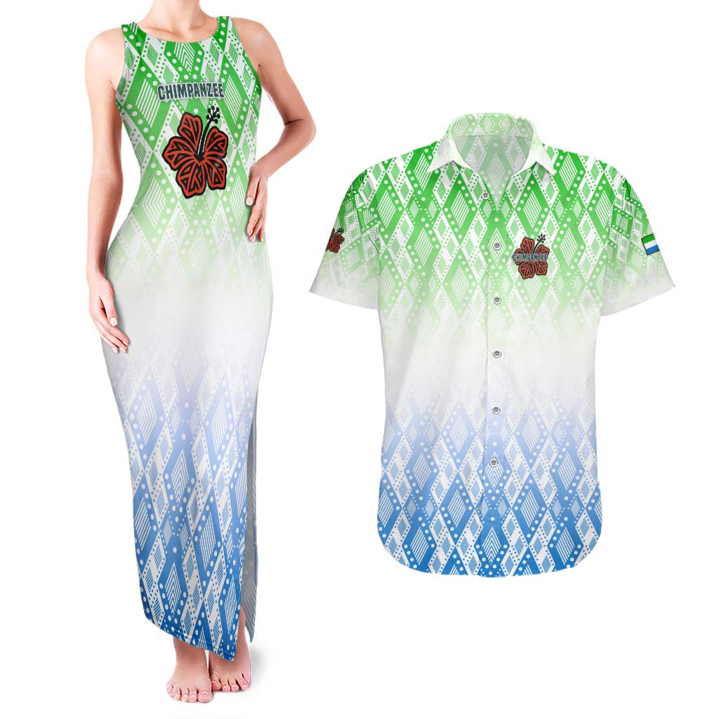 Sierra Leone Couples Matching Tank Maxi Dress and Hawaiian Shirt with Tribal Chimpanzee Design and Green Blue Gradient Pattern