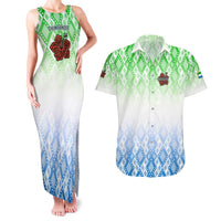Sierra Leone Couples Matching Tank Maxi Dress and Hawaiian Shirt with Tribal Chimpanzee Design and Green Blue Gradient Pattern