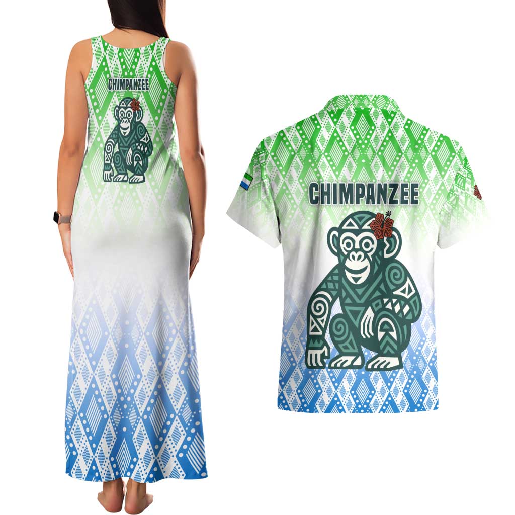 Sierra Leone Couples Matching Tank Maxi Dress and Hawaiian Shirt with Tribal Chimpanzee Design and Green Blue Gradient Pattern