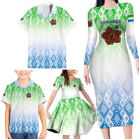 Sierra Leone Family Matching Long Sleeve Bodycon Dress and Hawaiian Shirt with Tribal Chimpanzee Design and Green Blue Gradient Pattern