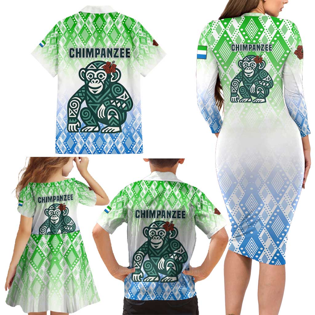 Sierra Leone Family Matching Long Sleeve Bodycon Dress and Hawaiian Shirt with Tribal Chimpanzee Design and Green Blue Gradient Pattern