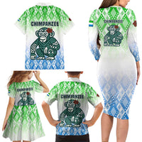 Sierra Leone Family Matching Long Sleeve Bodycon Dress and Hawaiian Shirt with Tribal Chimpanzee Design and Green Blue Gradient Pattern
