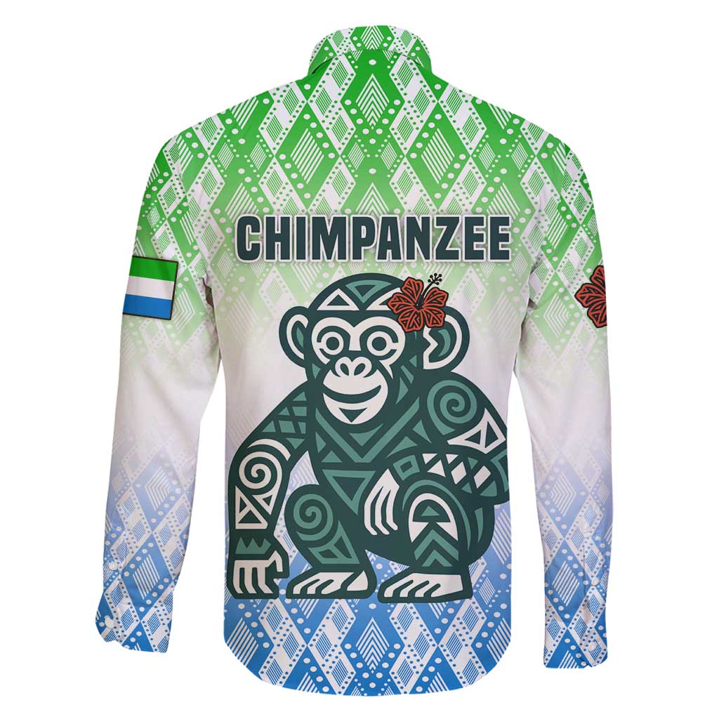 Sierra Leone Family Matching Long Sleeve Bodycon Dress and Hawaiian Shirt with Tribal Chimpanzee Design and Green Blue Gradient Pattern