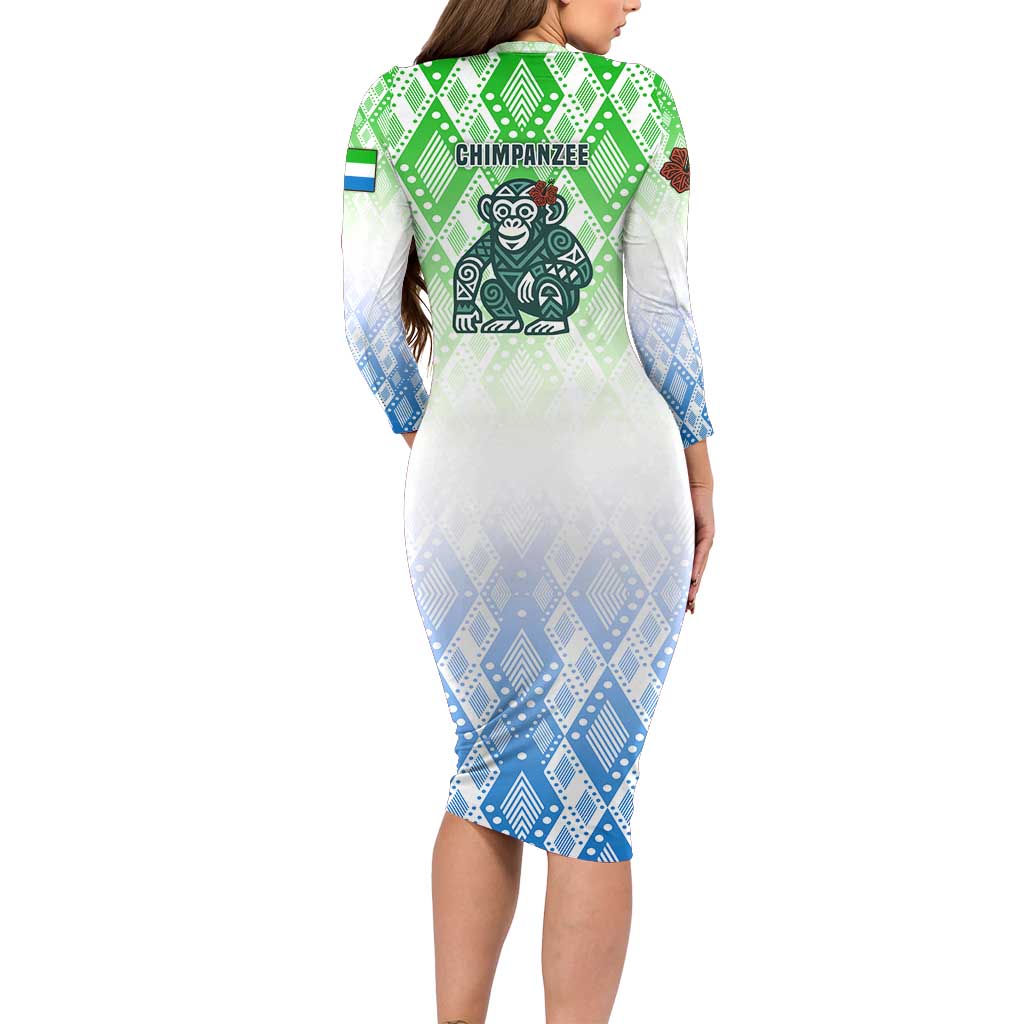 Sierra Leone Family Matching Long Sleeve Bodycon Dress and Hawaiian Shirt with Tribal Chimpanzee Design and Green Blue Gradient Pattern