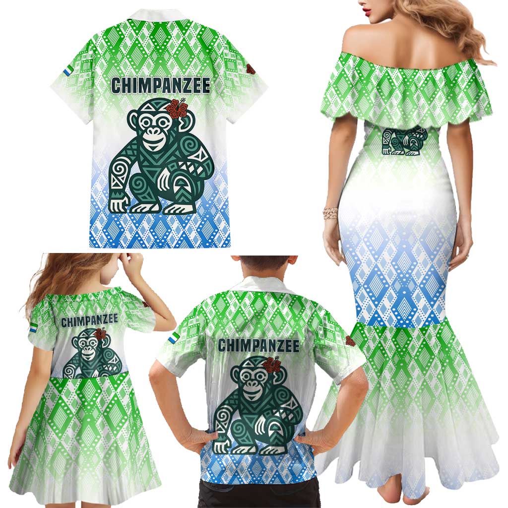 Sierra Leone Family Matching Mermaid Dress and Hawaiian Shirt with Tribal Chimpanzee Design and Green Blue Gradient Pattern