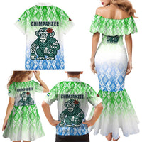Sierra Leone Family Matching Mermaid Dress and Hawaiian Shirt with Tribal Chimpanzee Design and Green Blue Gradient Pattern
