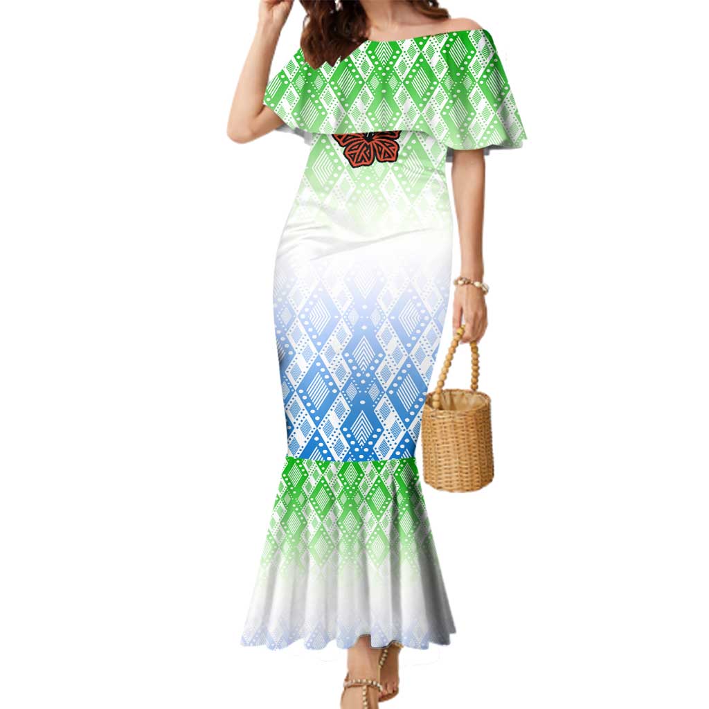 Sierra Leone Family Matching Mermaid Dress and Hawaiian Shirt with Tribal Chimpanzee Design and Green Blue Gradient Pattern