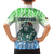 Sierra Leone Family Matching Off The Shoulder Long Sleeve Dress and Hawaiian Shirt with Tribal Chimpanzee Design and Green Blue Gradient Pattern