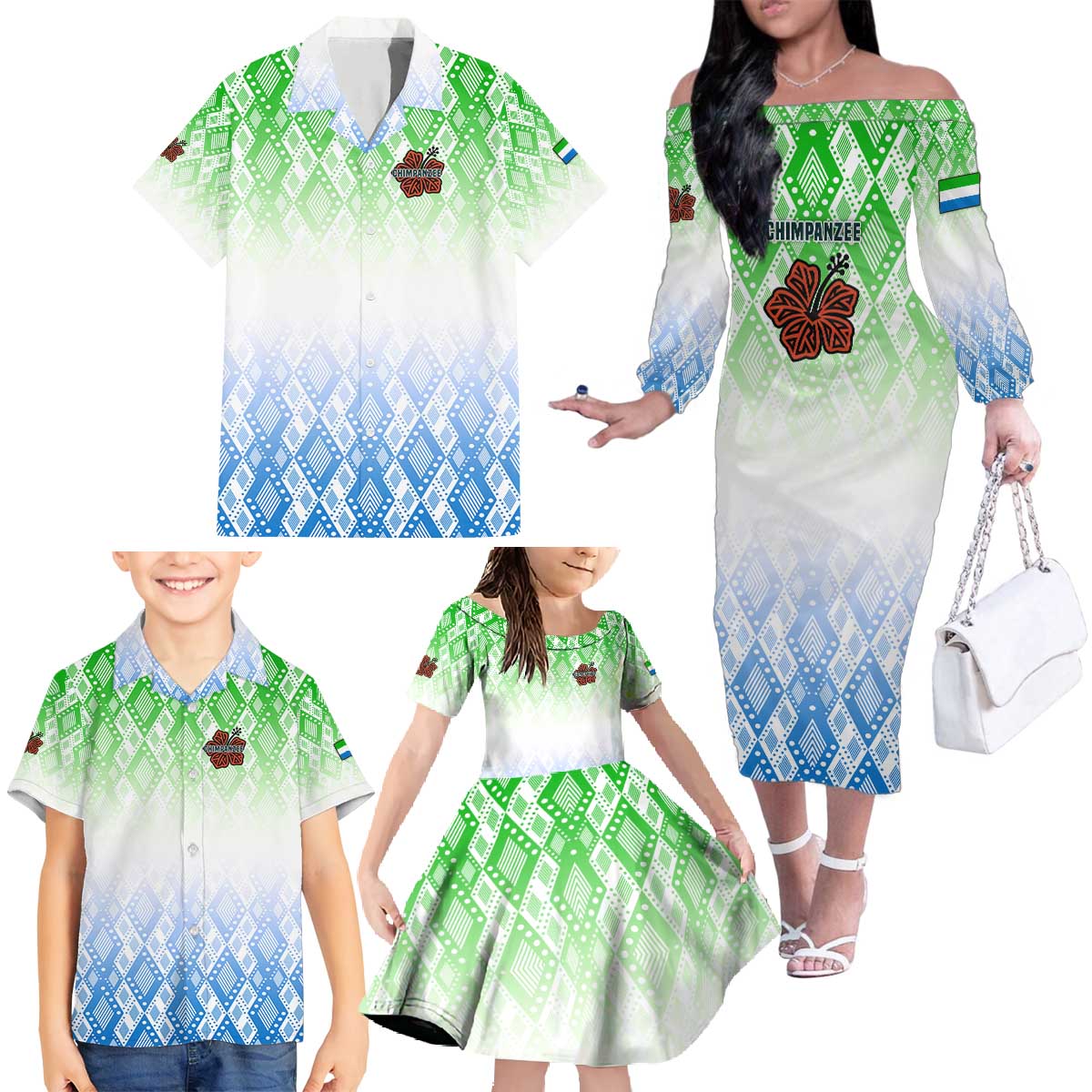 Sierra Leone Family Matching Off The Shoulder Long Sleeve Dress and Hawaiian Shirt with Tribal Chimpanzee Design and Green Blue Gradient Pattern