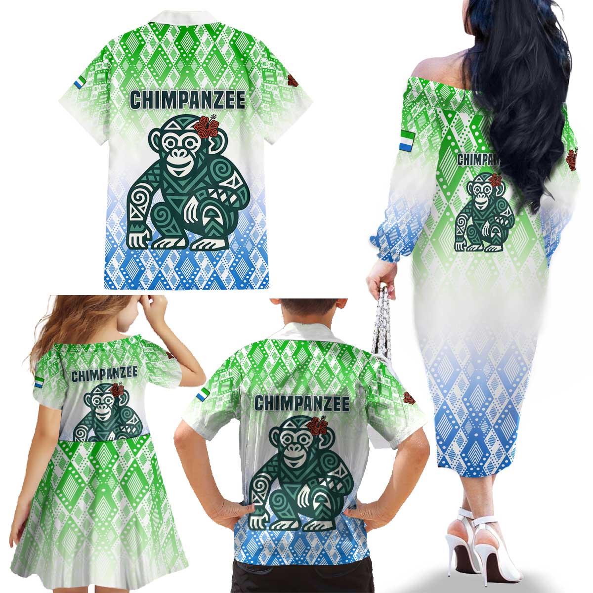 Sierra Leone Family Matching Off The Shoulder Long Sleeve Dress and Hawaiian Shirt with Tribal Chimpanzee Design and Green Blue Gradient Pattern