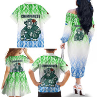 Sierra Leone Family Matching Off The Shoulder Long Sleeve Dress and Hawaiian Shirt with Tribal Chimpanzee Design and Green Blue Gradient Pattern