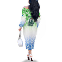 Sierra Leone Family Matching Off The Shoulder Long Sleeve Dress and Hawaiian Shirt with Tribal Chimpanzee Design and Green Blue Gradient Pattern