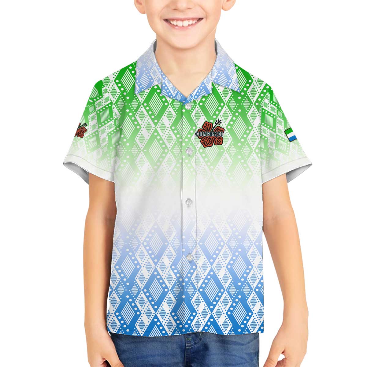 Sierra Leone Family Matching Off The Shoulder Long Sleeve Dress and Hawaiian Shirt with Tribal Chimpanzee Design and Green Blue Gradient Pattern