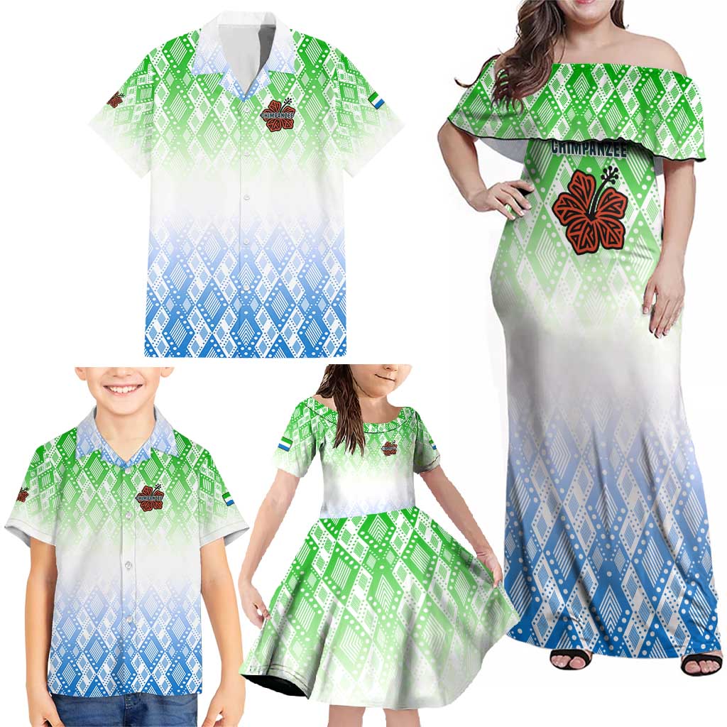 Sierra Leone Family Matching Off Shoulder Maxi Dress and Hawaiian Shirt with Tribal Chimpanzee Design and Green Blue Gradient Pattern