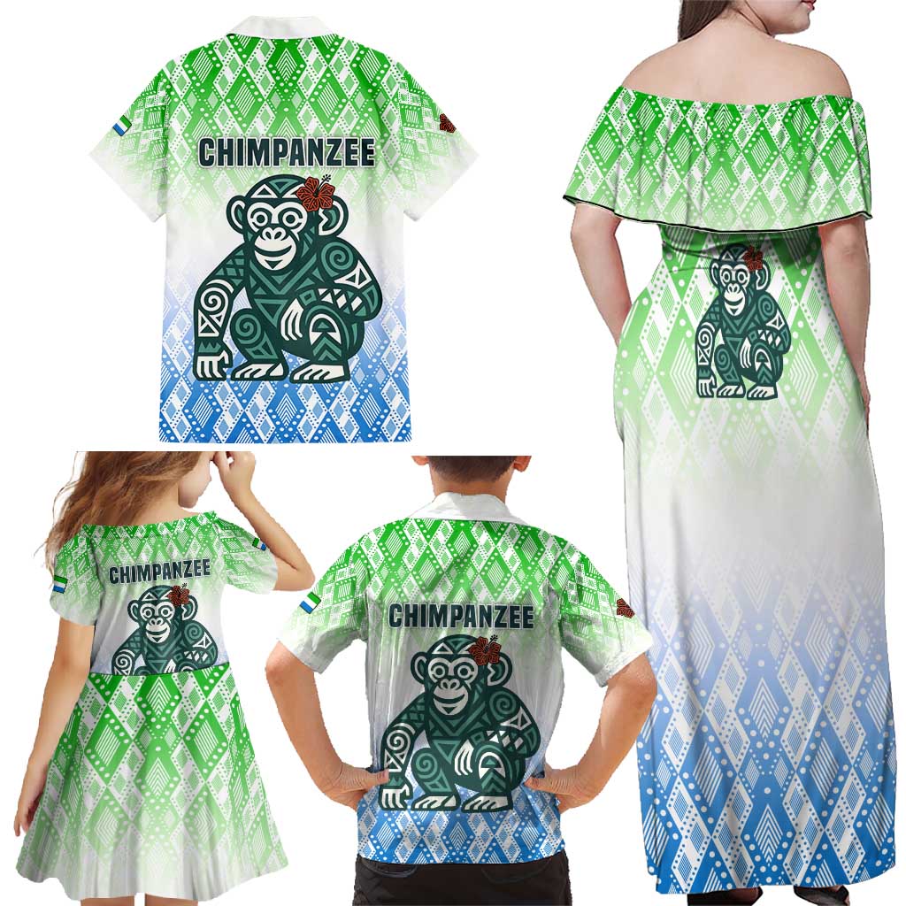 Sierra Leone Family Matching Off Shoulder Maxi Dress and Hawaiian Shirt with Tribal Chimpanzee Design and Green Blue Gradient Pattern