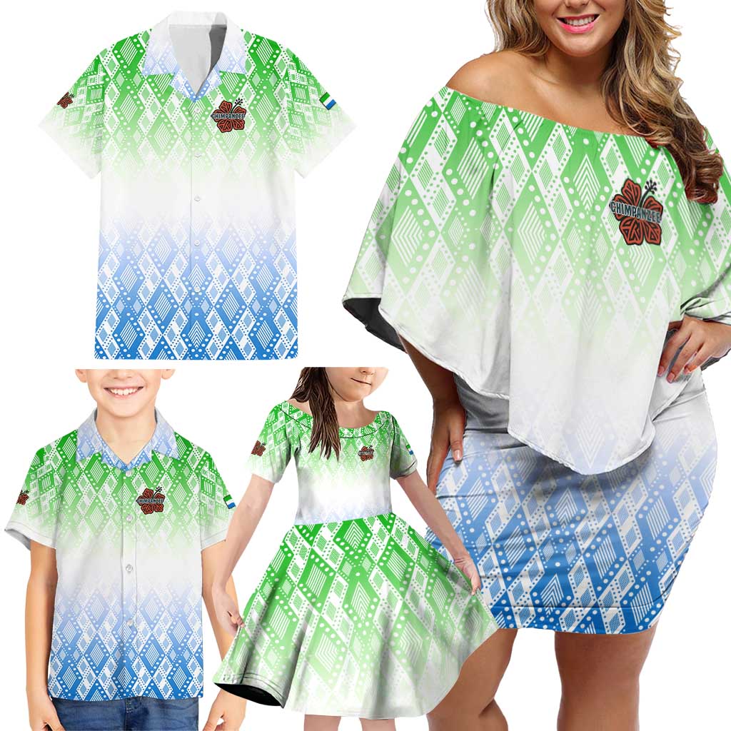 Sierra Leone Family Matching Off Shoulder Short Dress and Hawaiian Shirt with Tribal Chimpanzee Design and Green Blue Gradient Pattern