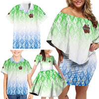 Sierra Leone Family Matching Off Shoulder Short Dress and Hawaiian Shirt with Tribal Chimpanzee Design and Green Blue Gradient Pattern