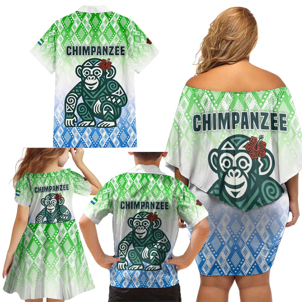 Sierra Leone Family Matching Off Shoulder Short Dress and Hawaiian Shirt with Tribal Chimpanzee Design and Green Blue Gradient Pattern
