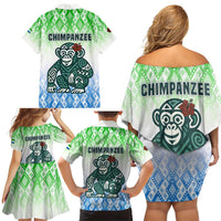 Sierra Leone Family Matching Off Shoulder Short Dress and Hawaiian Shirt with Tribal Chimpanzee Design and Green Blue Gradient Pattern